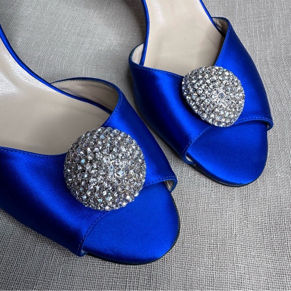 EUC Kate Spade Emison Blue Satin Peep Toe Heels Crystal Embellishment - Picture 1 of 5